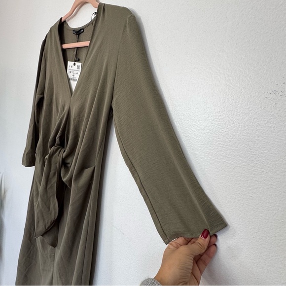 NWT Zara Minimalist Front Knot Loose Fitted Midi Dress Olive Green Sz M - Picture 5 of 12